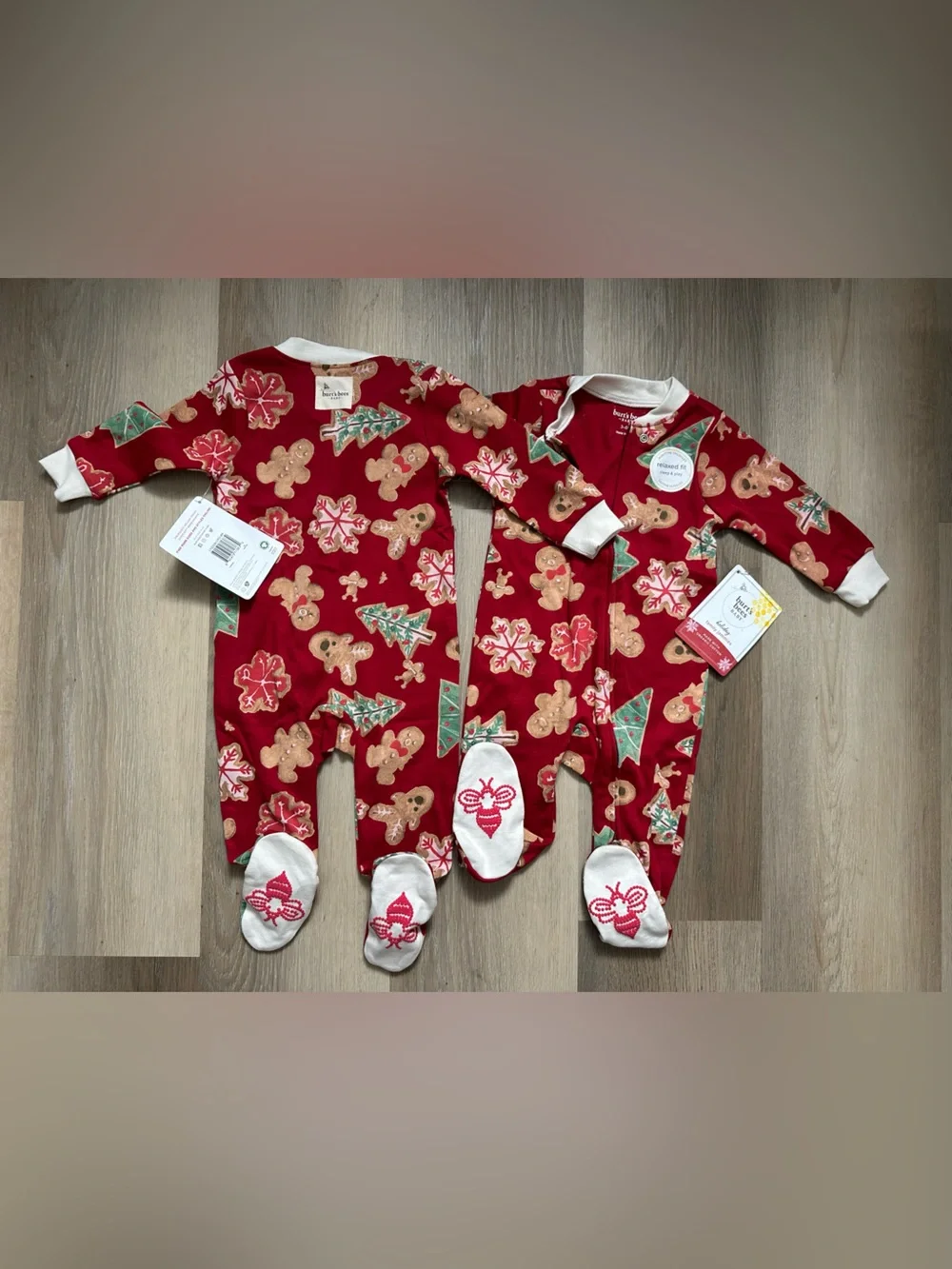 Burts Bees Red Gingerbread & Holiday Print Footed One-Piece Sleeper 2- Pack Twin